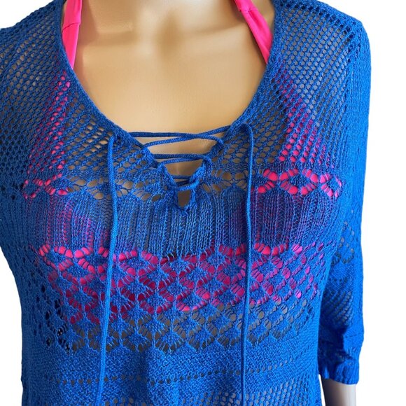 Chicos Blue Crochet Knit Top Size M Swim Cover Up Pullover Lightweight Color Pop - Picture 9 of 12
